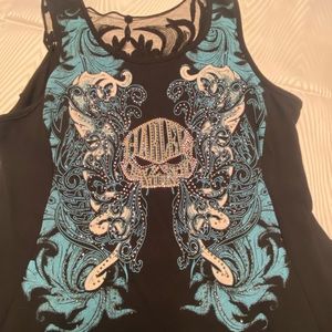 Harley Davison womens large black, blue bling Willie G, racer back tank top.